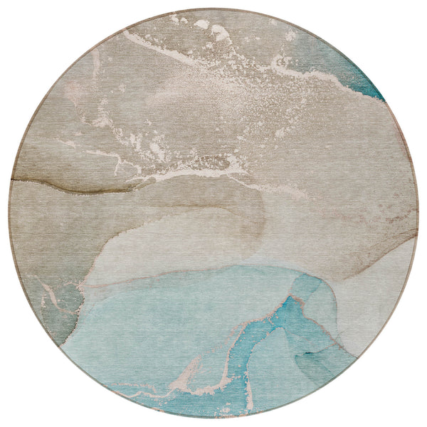 Homeroots 8' Round Teal Round Abstract Washable Non Skid Indoor Outdoor Area Rug Teal Polyester 560279