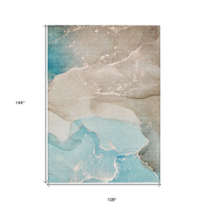 Homeroots 9' X 12' Teal Abstract Washable Non Skid Indoor Outdoor Area Rug Teal Polyester 560281