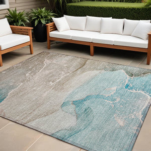 Homeroots 9' X 12' Teal Abstract Washable Non Skid Indoor Outdoor Area Rug Teal Polyester 560281