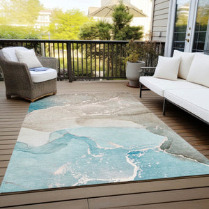 HomeRoots 5' Abstract Blue and Green Washable Area Rug – Durable Indoor Outdoor Design for Modern Spaces 10' X 14' 560282