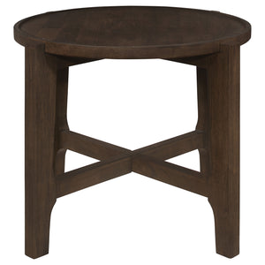 English Elm Mavis Dark Brown Round Solid Wood End Table with Recessed Edge and Cross Beam Legs, 26.25" Wide B062P299904