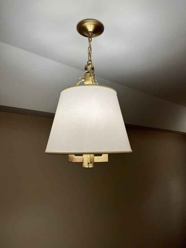 Framburg 4-light Elegant Bistro Mini Chandelier With Off-white Shade And Decorative Square Chain Design Brushed Brass Metal 5603 Br