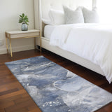 Homeroots 8' Runner Blue And Gray Abstract Washable Non Skid Indoor Outdoor Runner Rug Navy Polyester 560311