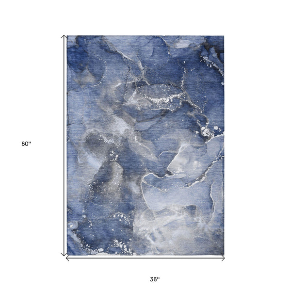 Homeroots 3' X 5' Blue And Gray Abstract Washable Non Skid Indoor Outdoor Area Rug Navy Polyester 560313
