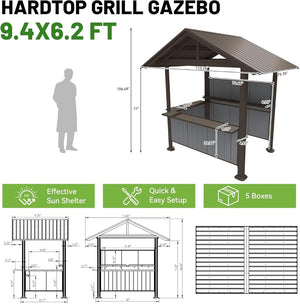 English Elm 9.4x6.2 Ft Hardtop Grill Gazebo Galvanized Steel Gable Roof with Shelves Patio Backyard Brown W1859S00209