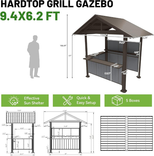 English Elm 9.4x6.2 Ft Hardtop Grill Gazebo Galvanized Steel Gable Roof with Shelves Patio Backyard Brown W1859S00209