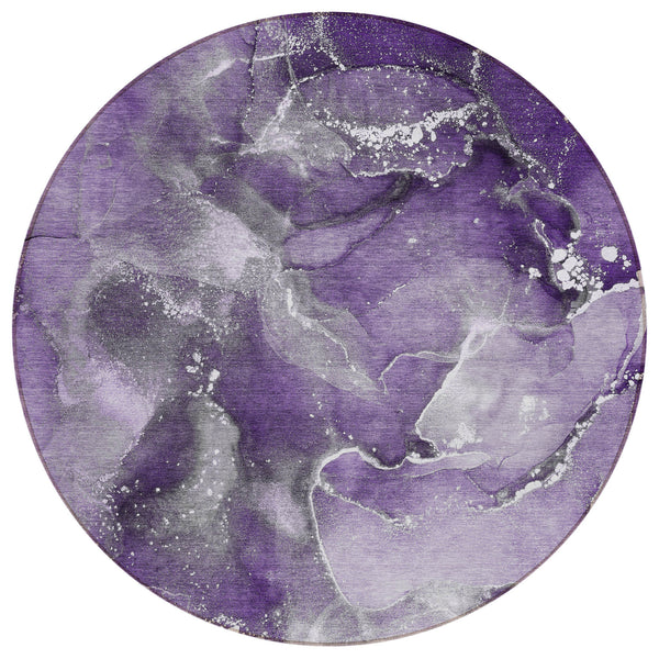 Homeroots 8' Round Gray And Purple Round Abstract Washable Non Skid Indoor Outdoor Area Rug Purple Polyester 560324