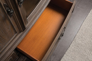 English Elm Traditional Weathered Oak Entertainment Console Hand Carved Dentil Crown Six Door Storage B2741S00759