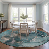 Homeroots 8' Round Teal Round Abstract Washable Non Skid Indoor Outdoor Area Rug Teal Polyester 560333