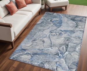 Homeroots 5' Abstract Washable Non-skid Area Rug - Stylish Blue And Gray Design For Indoor & Outdoor Use 5' X 8' Polyester 560343