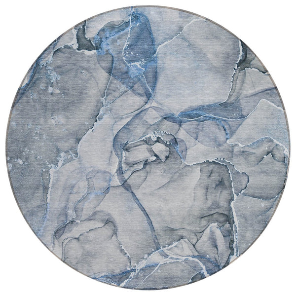 HomeRoots 5' Blue and Gray Abstract Area Rug - Durable, Washable, Non-Skid Design for Indoor and Outdoor Spaces 8' Round 560344