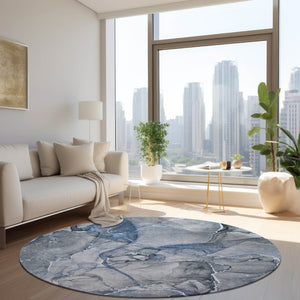 HomeRoots 5' Blue and Gray Abstract Area Rug - Durable, Washable, Non-Skid Design for Indoor and Outdoor Spaces 8' Round 560344