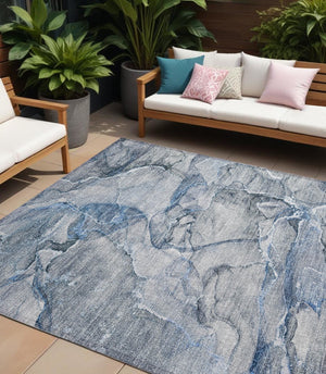 HomeRoots 5' Blue and Gray Abstract Area Rug - Durable, Washable, Non-Skid Design for Indoor and Outdoor Spaces 9' X 12' 560346