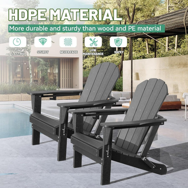 English Elm Adirondack Hdpe Folding Chair Set Outdoor Patio Fire Pit Seating with Cup Holder Gray W1859P453297