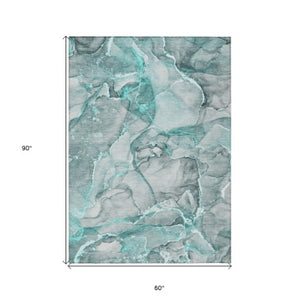 Homeroots 5' Abstract Washable Non-skid Area Rug - Stylish Blue And Gray Design For Indoor & Outdoor Use 5' X 8' Polyester 560379