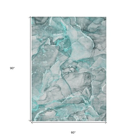 Homeroots 5' Abstract Washable Non-skid Area Rug - Stylish Blue And Gray Design For Indoor & Outdoor Use 5' X 8' Polyester 560379