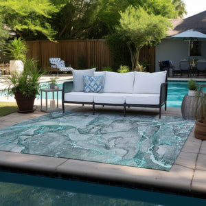 Homeroots 5' Abstract Washable Non-skid Area Rug - Stylish Blue And Gray Design For Indoor & Outdoor Use 5' X 8' Polyester 560379