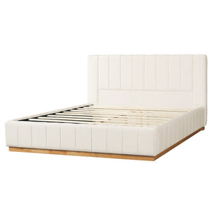 English Elm Modern, Quilted Upholstered Queen Bed Rubberwood Frame Beige Fabric Striped Headboard N769Q360699A