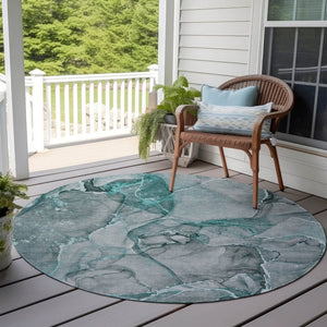 HomeRoots 5' Blue and Gray Abstract Area Rug - Durable, Washable, Non-Skid Design for Indoor and Outdoor Spaces 8' Round 560380