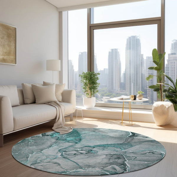 HomeRoots 5' Blue and Gray Abstract Area Rug - Durable, Washable, Non-Skid Design for Indoor and Outdoor Spaces 8' Round 560380