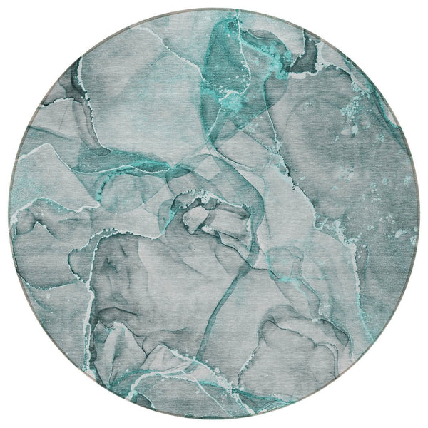 HomeRoots 5' Blue and Gray Abstract Area Rug - Durable, Washable, Non-Skid Design for Indoor and Outdoor Spaces 8' Round 560380