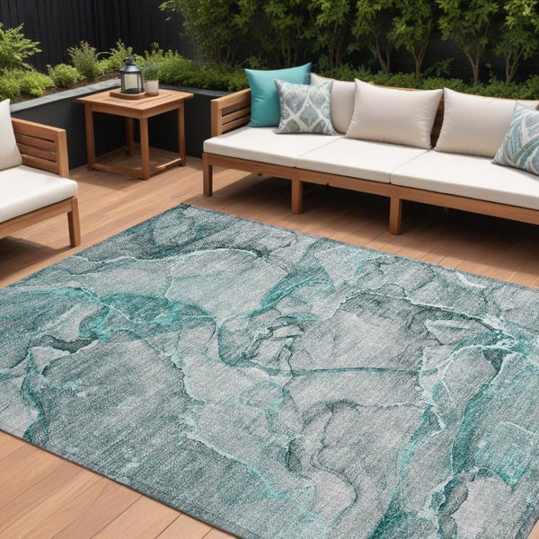 HomeRoots 5' Blue and Gray Abstract Area Rug - Durable, Washable, Non-Skid Design for Indoor and Outdoor Spaces 10' X 14' 560383