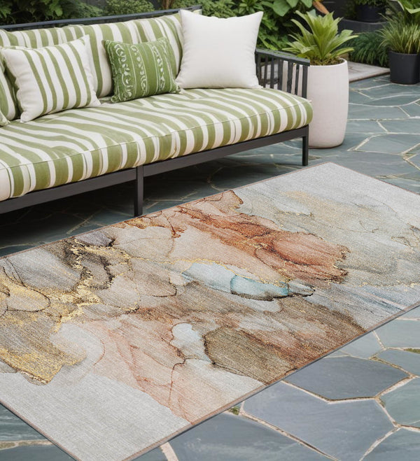 Homeroots 8' Runner Beige Abstract Washable Non Skid Indoor Outdoor Runner Rug Beige Polyester 560385