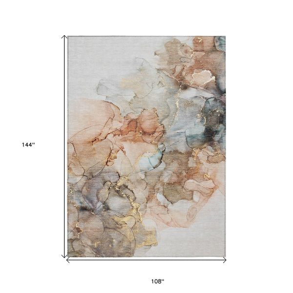 Homeroots 9' X 12' Beige Abstract Washable Non Skid Indoor Outdoor Area Rug Beige Polyester 560391