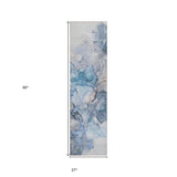 Homeroots 8' Runner Blue And Gray Abstract Washable Non Skid Indoor Outdoor Runner Rug Blue Polyester 560394