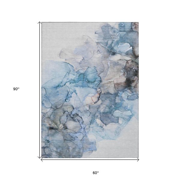 Homeroots 5' X 8' Blue And Gray Abstract Washable Non Skid Indoor Outdoor Area Rug Blue Polyester 560397