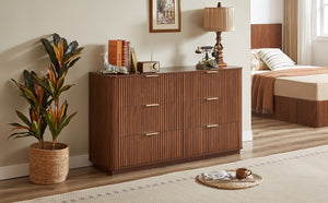 English Elm 6 Drawers Dresser Stylish 55" Wide Curved Wave Chest with Ample Storage, Sturdy Top for TV Use Walnut W1820P324616