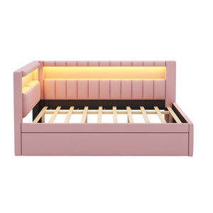 English Elm Upholstered Full Platform Bed with Trundle, Built-In USB Ports & LED Accent, Linen Upholstery Pink DL001925AAH