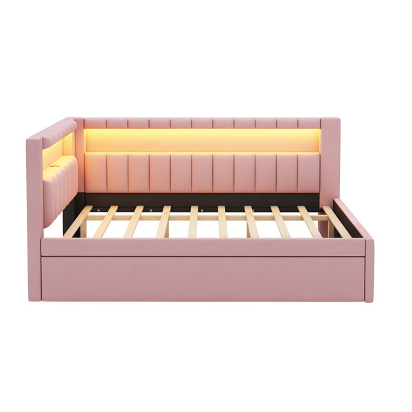 English Elm Upholstered Full Platform Bed with Trundle, Built-In USB Ports & LED Accent, Linen Upholstery Pink DL001925AAH