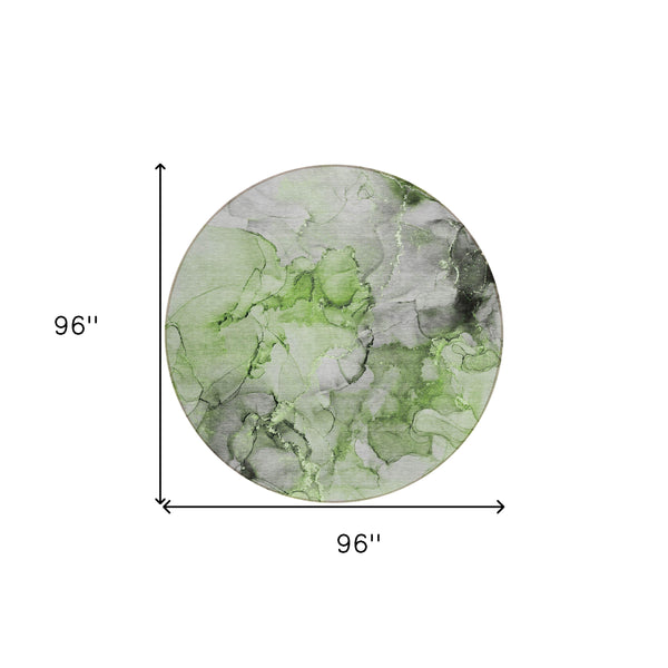Homeroots 8' Round Green Round Abstract Washable Non Skid Indoor Outdoor Area Rug Green Polyester 560407