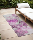 Homeroots 8' Runner Gray And Purple Abstract Washable Non Skid Indoor Outdoor Runner Rug Pink Polyester 560412