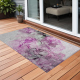 Homeroots 3' X 5' Gray And Purple Abstract Washable Non Skid Indoor Outdoor Area Rug Pink Polyester 560414