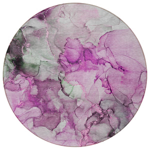 Homeroots 8' Round Gray And Purple Round Abstract Washable Non Skid Indoor Outdoor Area Rug Pink Polyester 560416