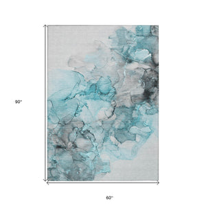 Homeroots 5' X 8' Teal Abstract Washable Non Skid Indoor Outdoor Area Rug Teal Polyester 560433