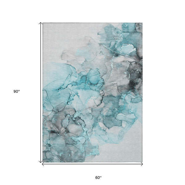 Homeroots 5' X 8' Teal Abstract Washable Non Skid Indoor Outdoor Area Rug Teal Polyester 560433