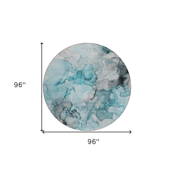 Homeroots 8' Round Teal Round Abstract Washable Non Skid Indoor Outdoor Area Rug Teal Polyester 560434