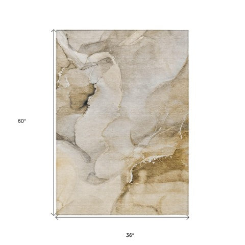 Homeroots 3' Beige And Brown Abstract Washable Indoor Outdoor Area Rug – Elevate Your Space With Style! 3' X 5' Polyester 560441