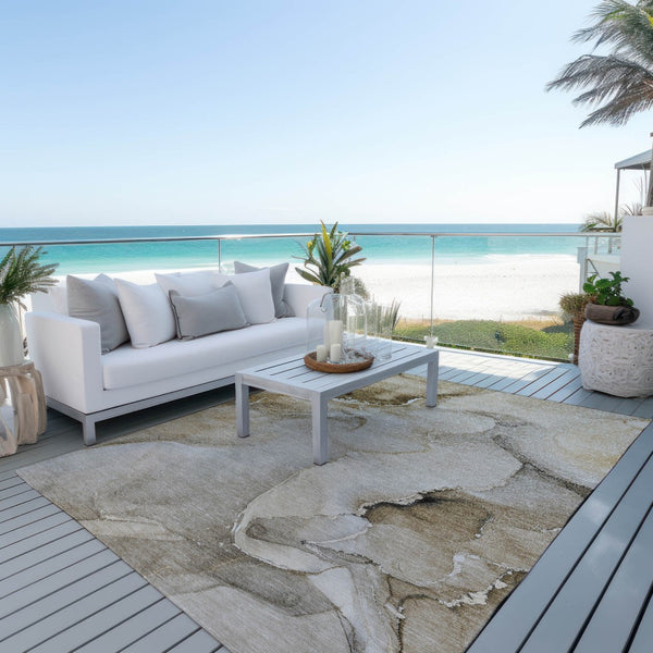 Homeroots 3' Beige And Brown Abstract Washable Indoor Outdoor Area Rug – Elevate Your Space With Style! 3' X 5' Polyester 560441