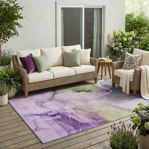 Abstract Washable Polyester Area Rug Bold Purple Green Design for Indoor Outdoor Living Spaces