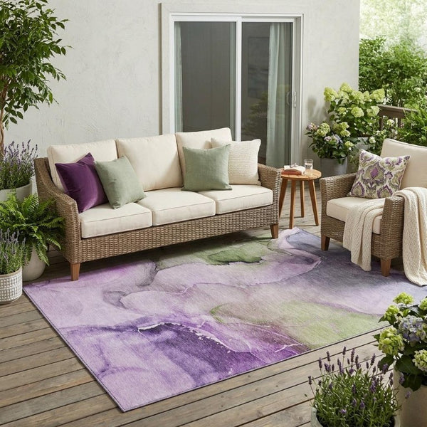 Abstract Washable Polyester Area Rug Bold Purple Green Design for Indoor Outdoor Living Spaces