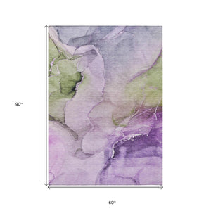 Abstract Washable Polyester Area Rug Bold Purple Green Design for Indoor Outdoor Living Spaces
