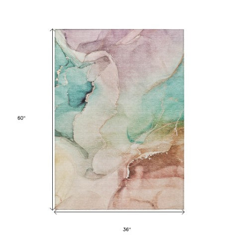 Homeroots 3' Beige And Brown Abstract Washable Indoor Outdoor Area Rug – Elevate Your Space With Style! 3' X 5' Polyester 560477