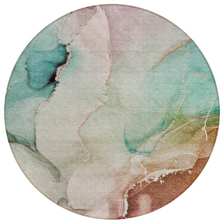 HomeRoots 8 Foot Round Abstract Teal Indoor Outdoor Washable Area Rug for Patio or Living Room 560479