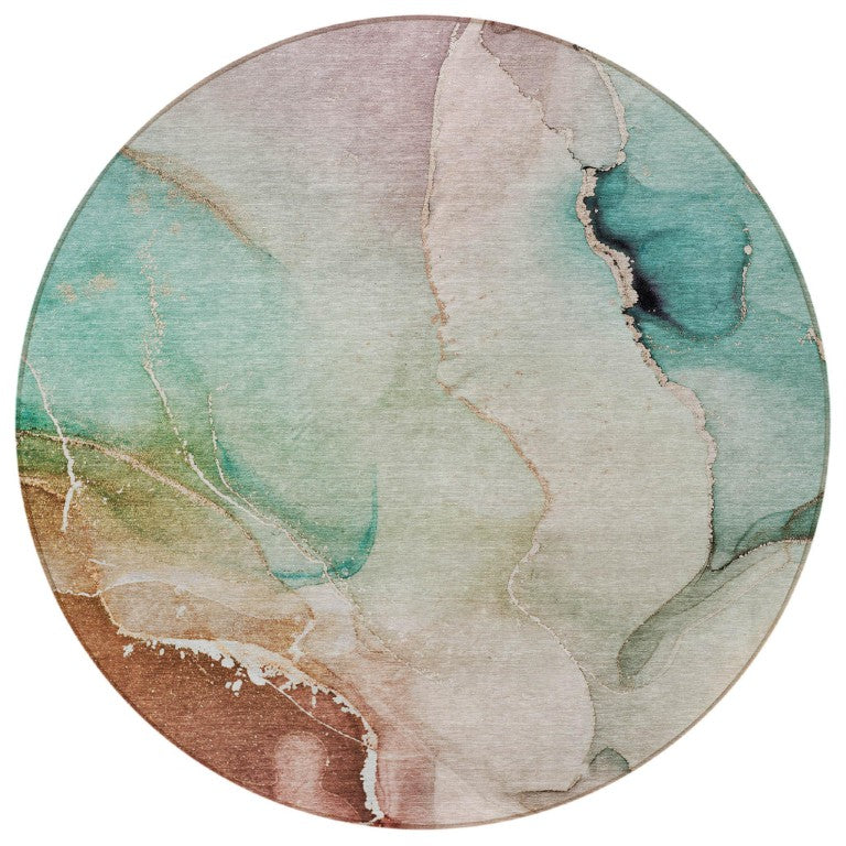 HomeRoots 8 Foot Round Abstract Teal Indoor Outdoor Washable Area Rug for Patio or Living Room 560479