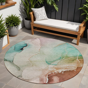Homeroots 3' Beige And Brown Abstract Washable Indoor Outdoor Area Rug – Elevate Your Space With Style! 8' Round Polyester 560479