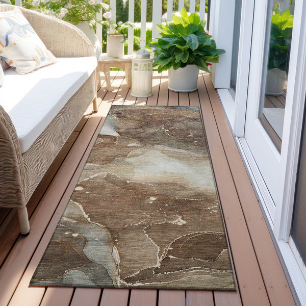 Homeroots 8' Runner Brown Abstract Washable Non Skid Indoor Outdoor Runner Rug Brown Polyester 560493